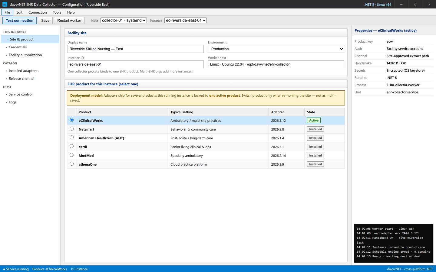 EHR Data Collector site connection with one active EHR adapter (eClinicalWorks) and available adapters for Netsmart, AHT, Yardi, ModMed, athenaOne, and PointClickCare — cross-platform .NET