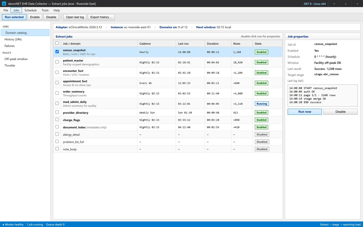 EHR Data Collector extract catalog showing census, patient master, encounters, appointments, and other domains on a facility schedule