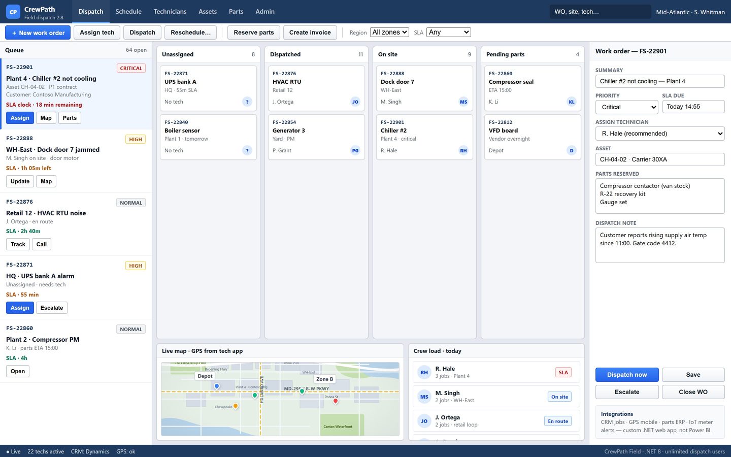 CrewPath field dispatch web app with work-order queue actions, kanban board, GPS map, crew load, and assign-tech form