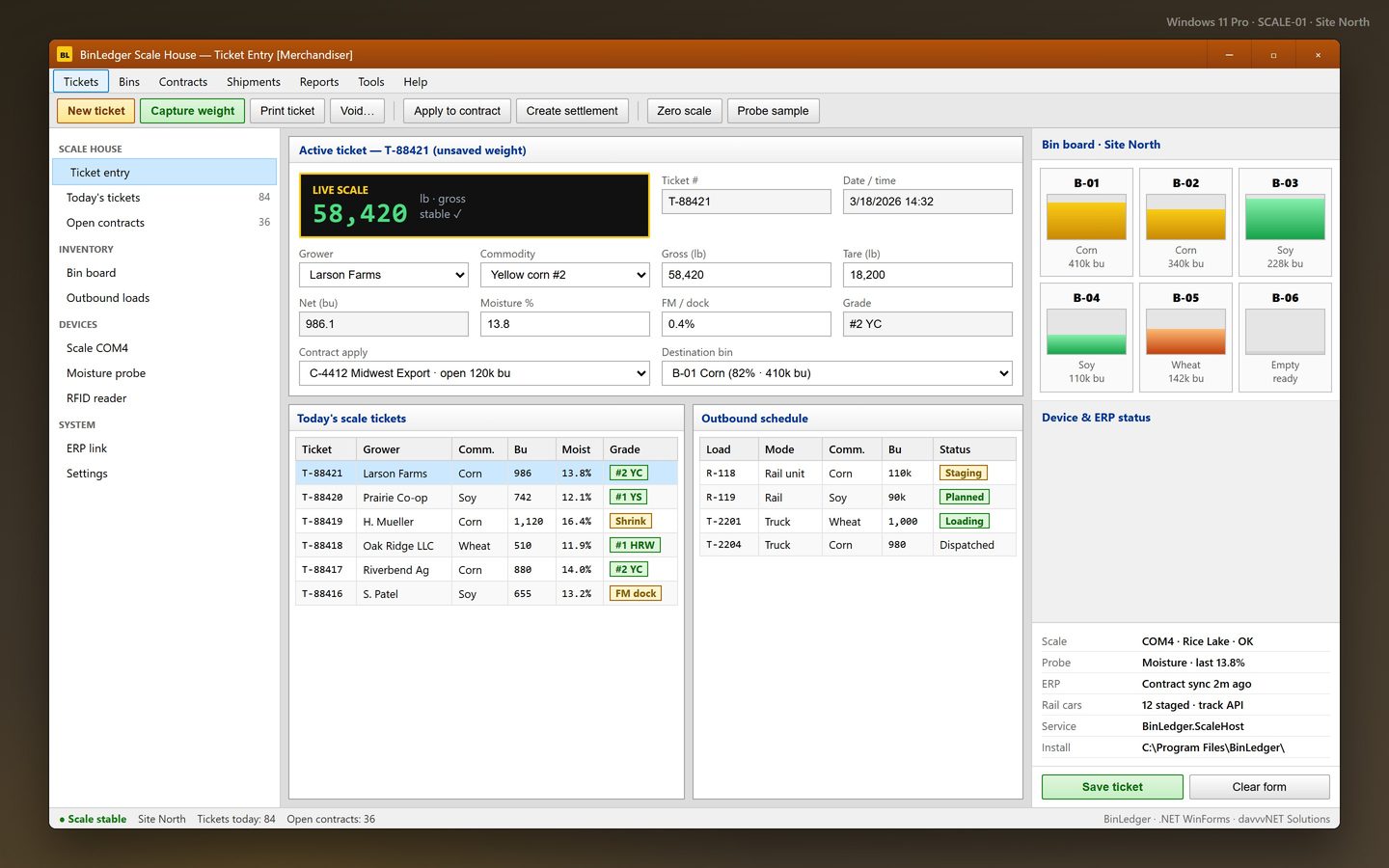 BinLedger Scale House WinForms app with live scale readout, ticket entry form, bin board, device status, and print/save actions on Windows desktop