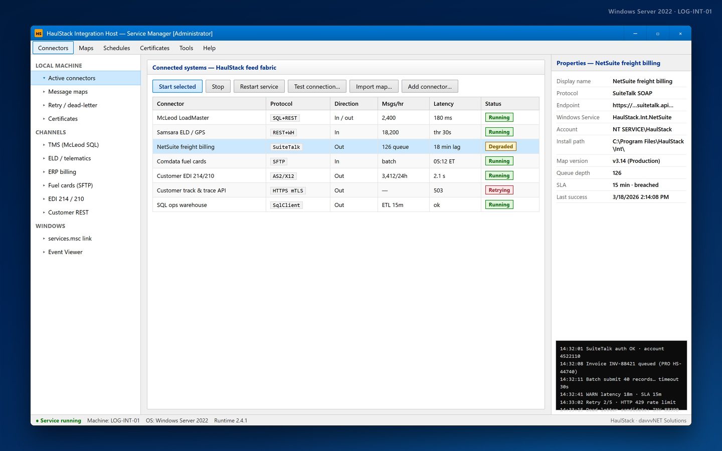 HaulStack Integration Host WinForms app on Windows Server with connector grid, property pane, and service log — .NET desktop runtime