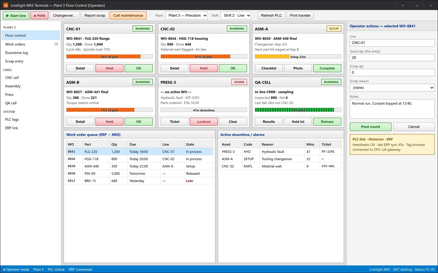 LineSight MES Terminal .NET desktop app with machine control tiles, start/hold buttons, work order grid, scrap entry form, and PLC status