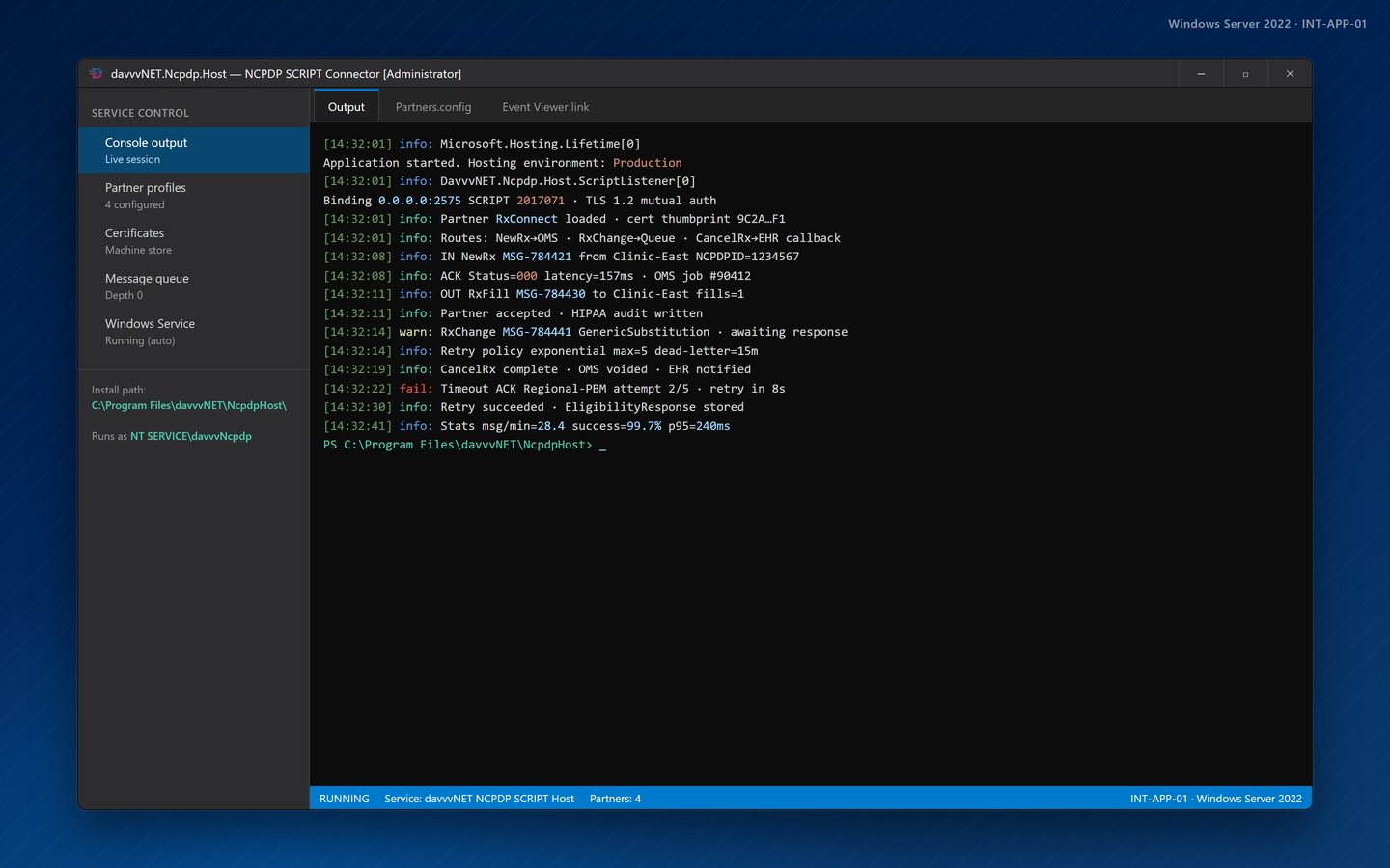 Console application for custom NCPDP SCRIPT pharmacy connections showing partner routes, NewRx and CancelRx traffic, and ACK success metrics