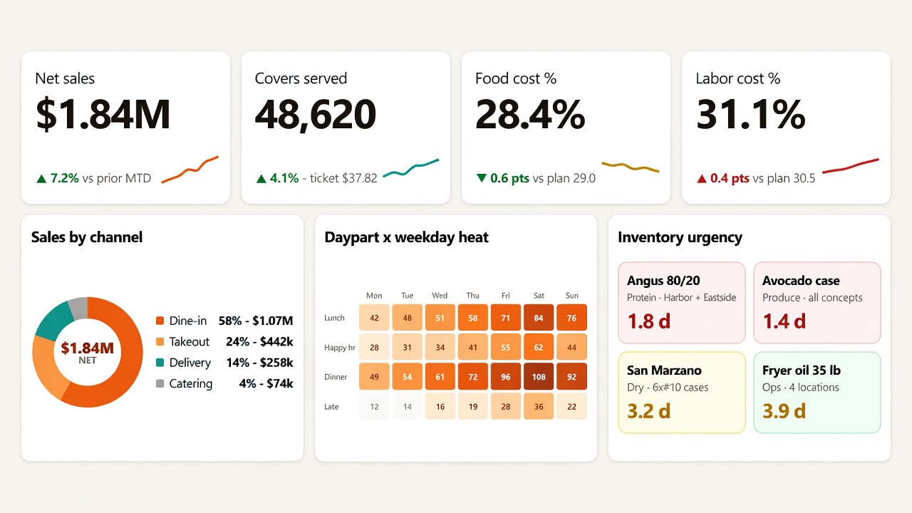 Restaurant Performance dashboard crop showing net sales, covers, food cost %, labor cost %, channel mix, daypart heat, and inventory urgency