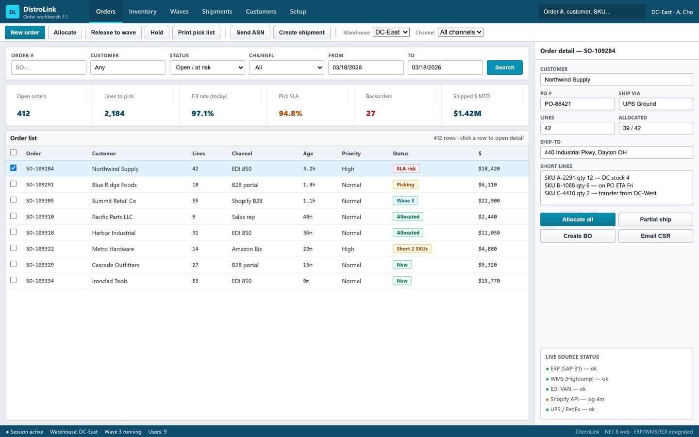 DistroLink order workbench web app with search form, order grid, allocate/release toolbar, order detail panel, and ERP WMS EDI status